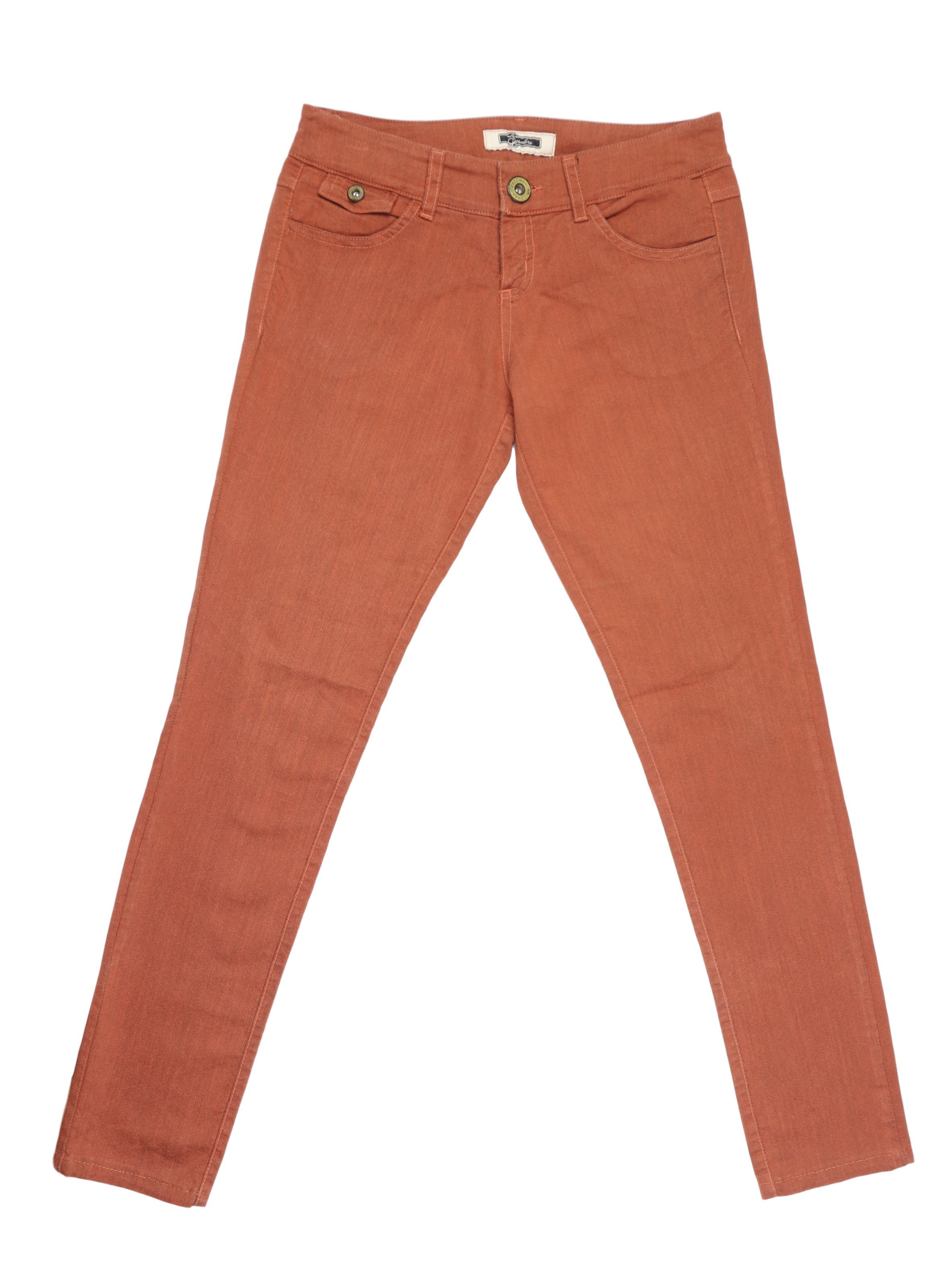 Pantalón denim Scombro, anaranjado, corte pitillo, tiro medio. Pretina 75cm