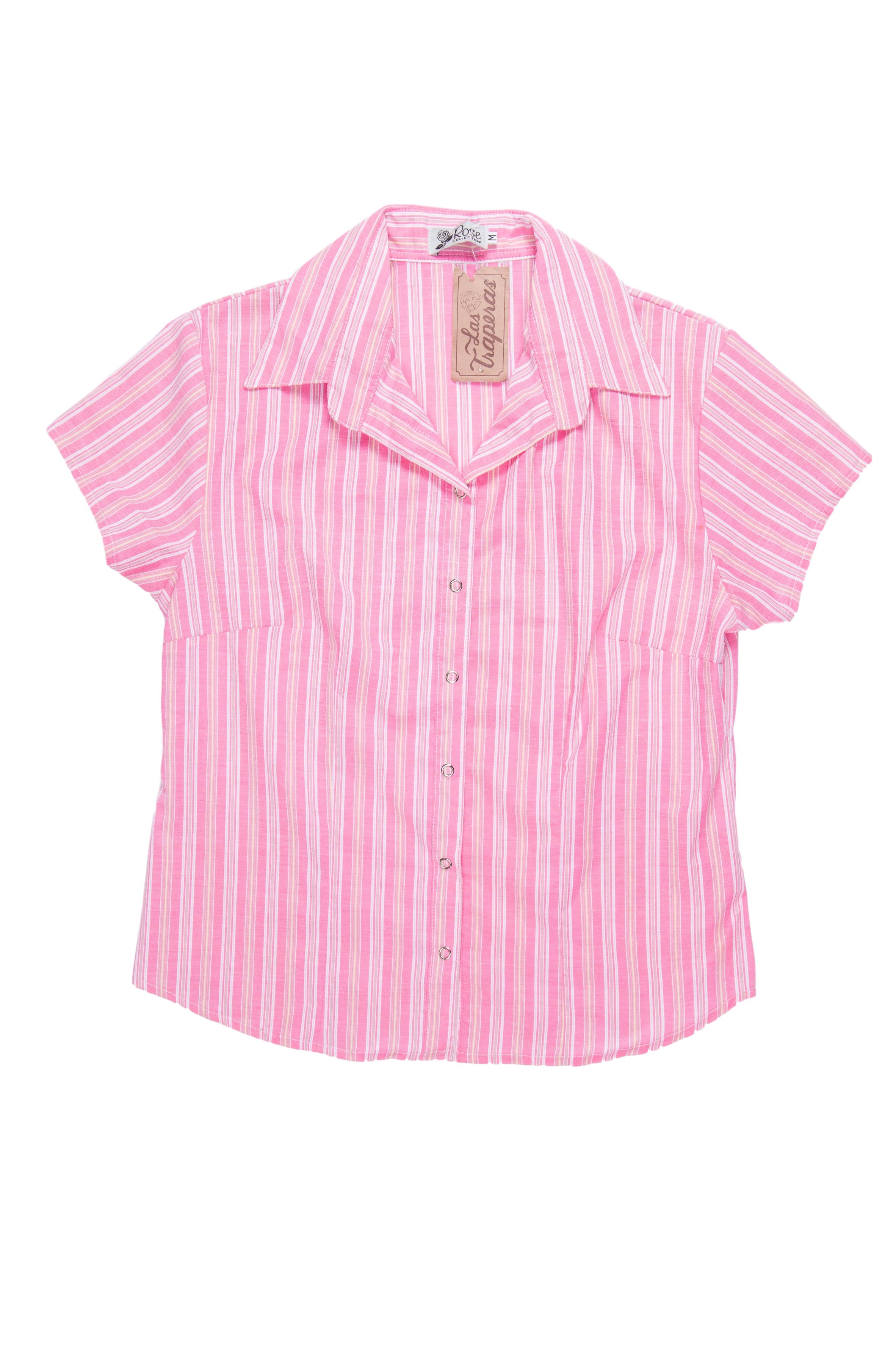Blusa rosada a rayas blancas y amarillas, con pinzas, broches metálicos en el medio. Busto 94cm 