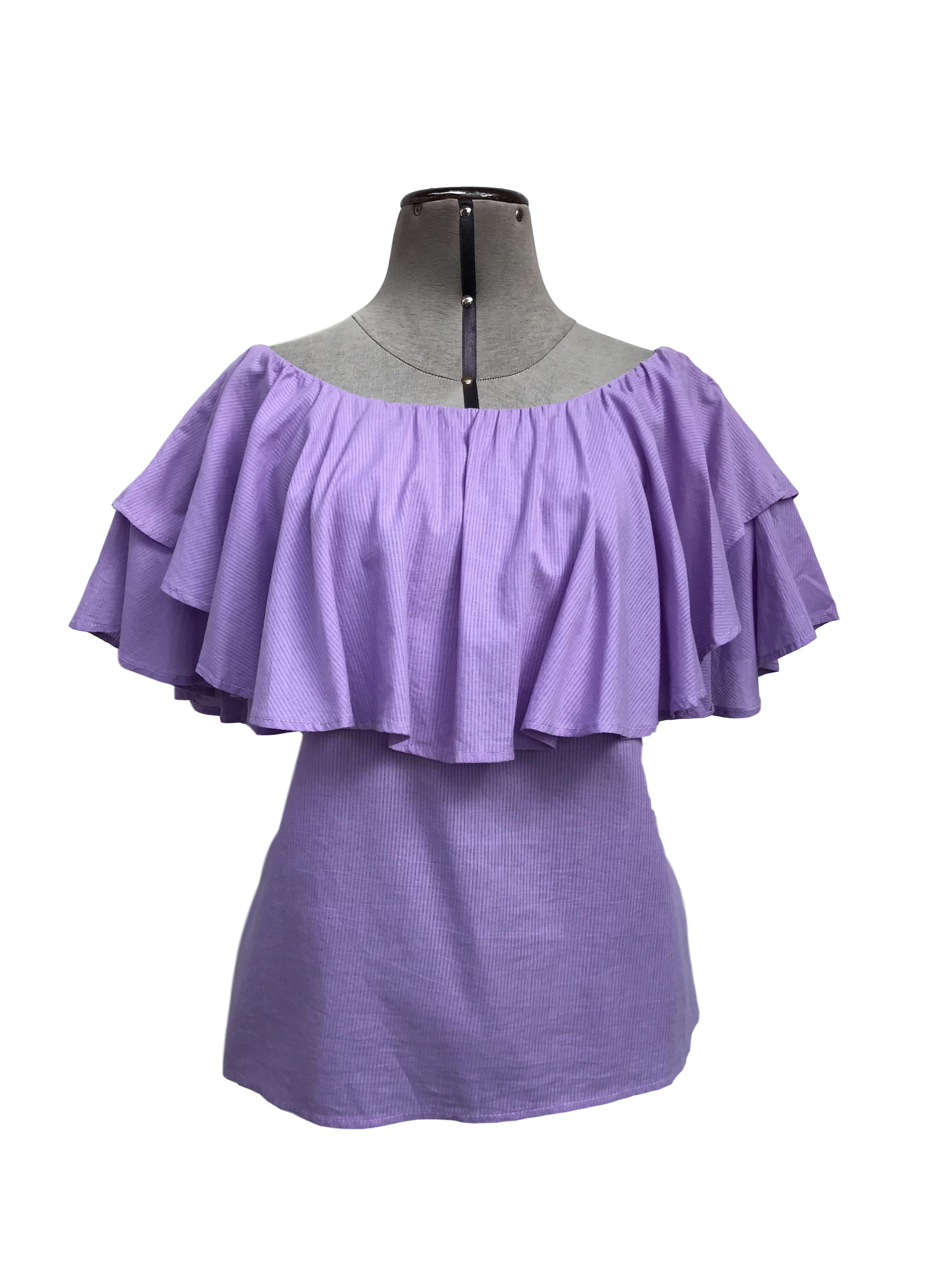 Blusa Bohem lila con rayas al tono, off shoulder con volantes, suelta, tela rica al tacto tipo algodón