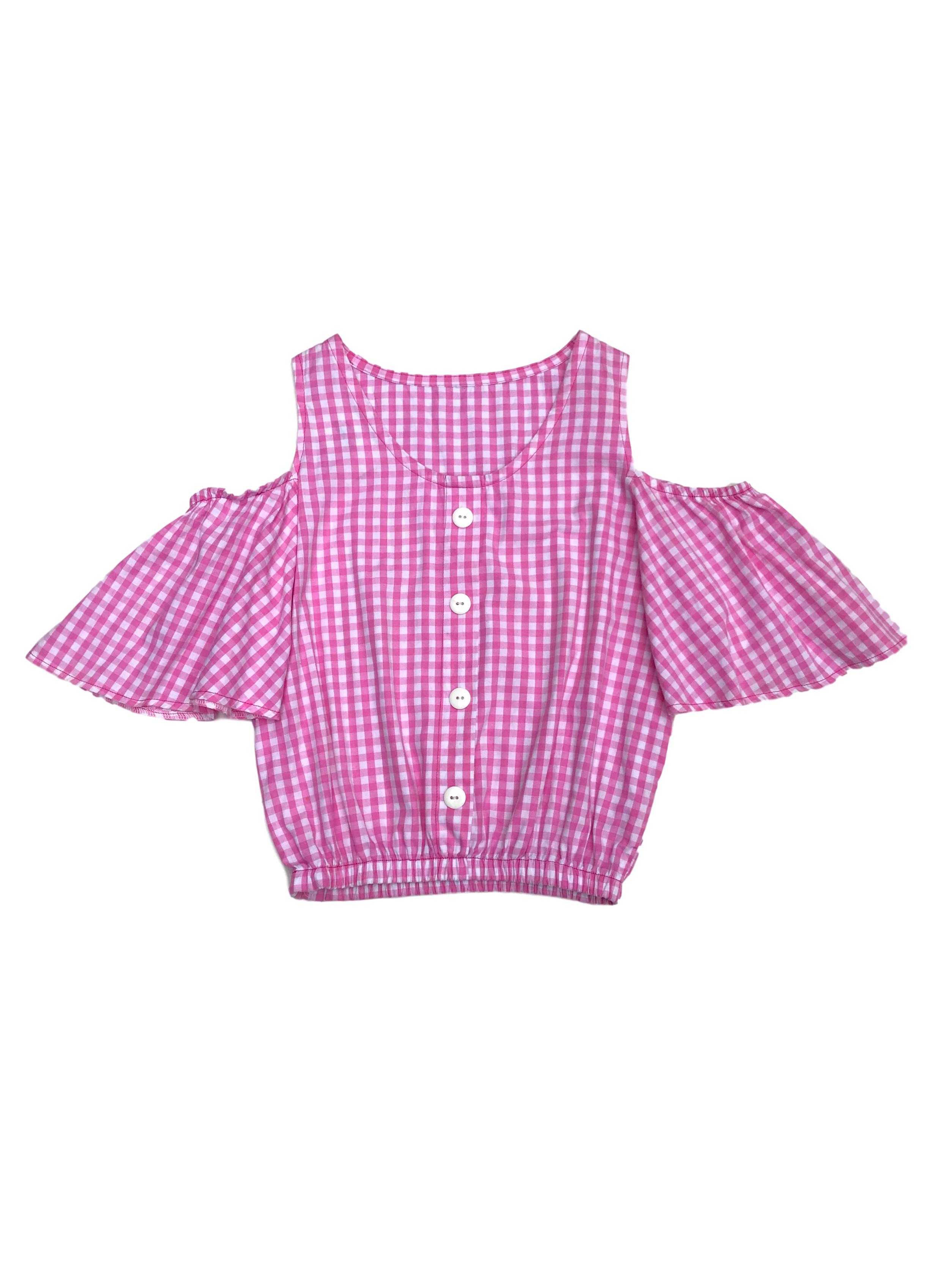 Blusa de vichy a cuadros blancos y rosados, calado en los hombros, elástico en las mangas y basta, botones en el centro 