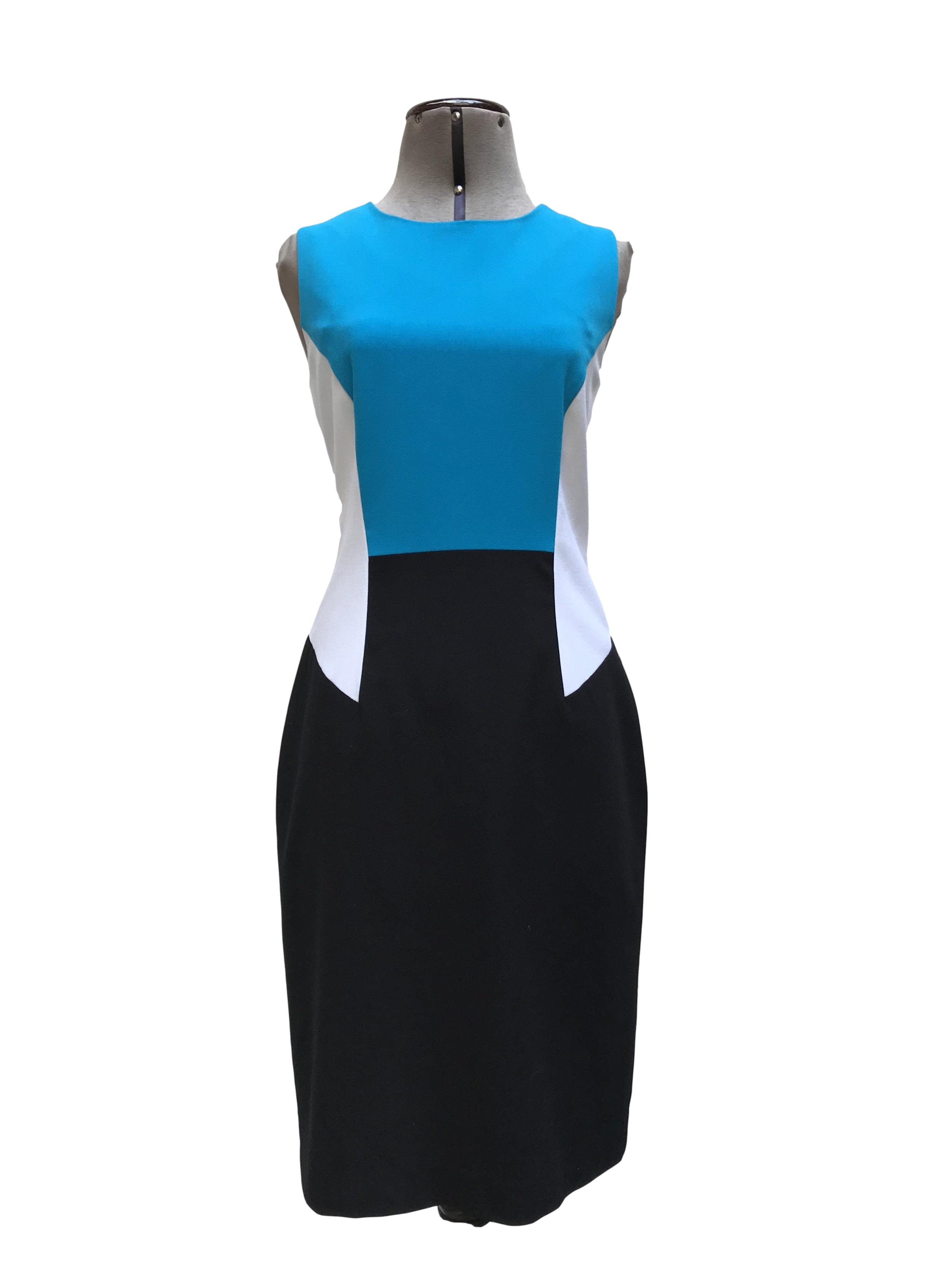 Vestido Calvin Klein tela tipo sastre negro, blanco y turquesa, forrado,  con cierre posterior. Precio original S/ 420. Busto 92cm Largo 95cm | Las  Traperas