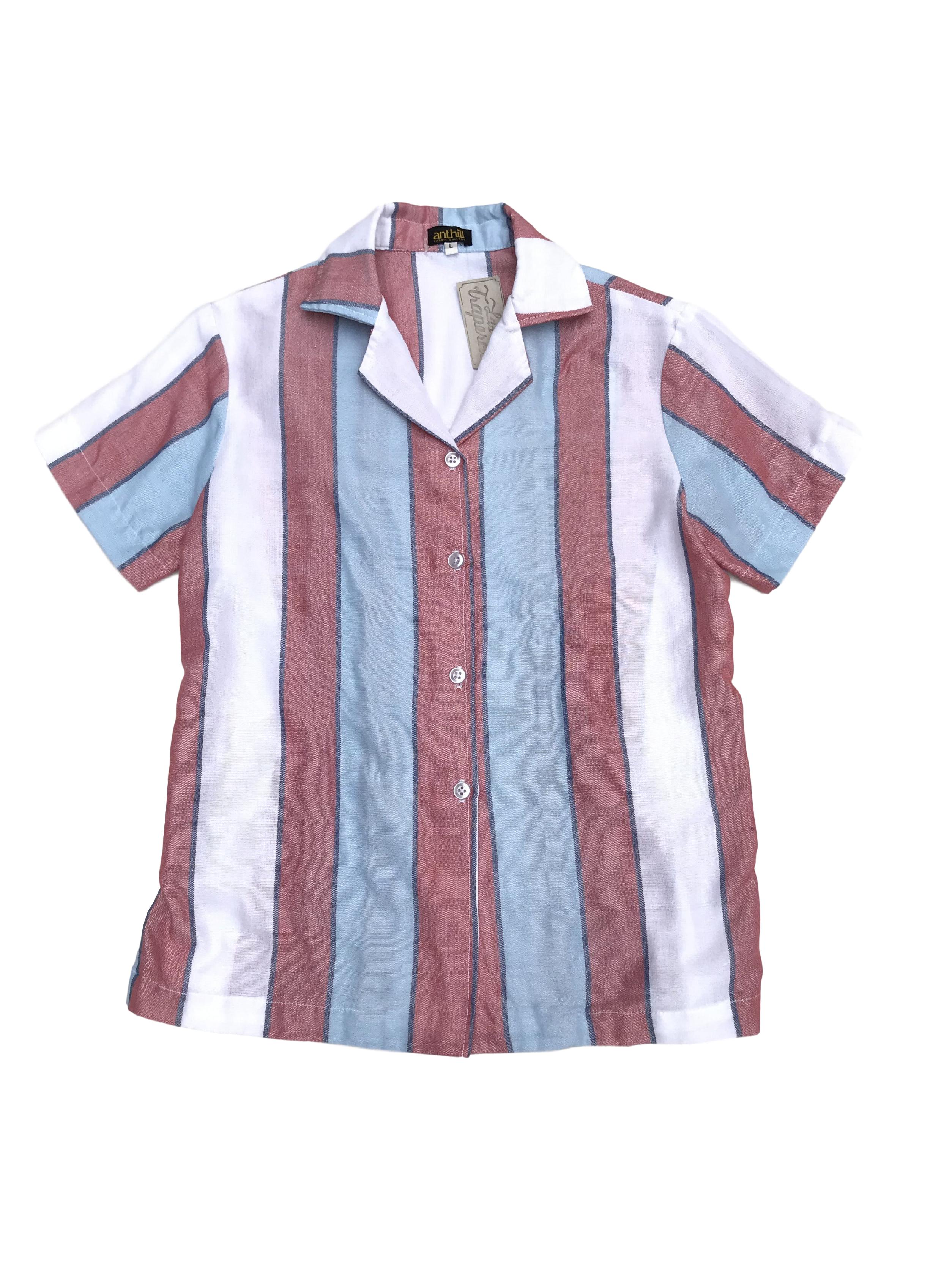 Blusa de marca sostenible Anthill de algodón y polyester upcycled, franjas verticales en tonos celeste, blanco y rojo. Busto 96cm. Nuevo. Precio original S/ 220