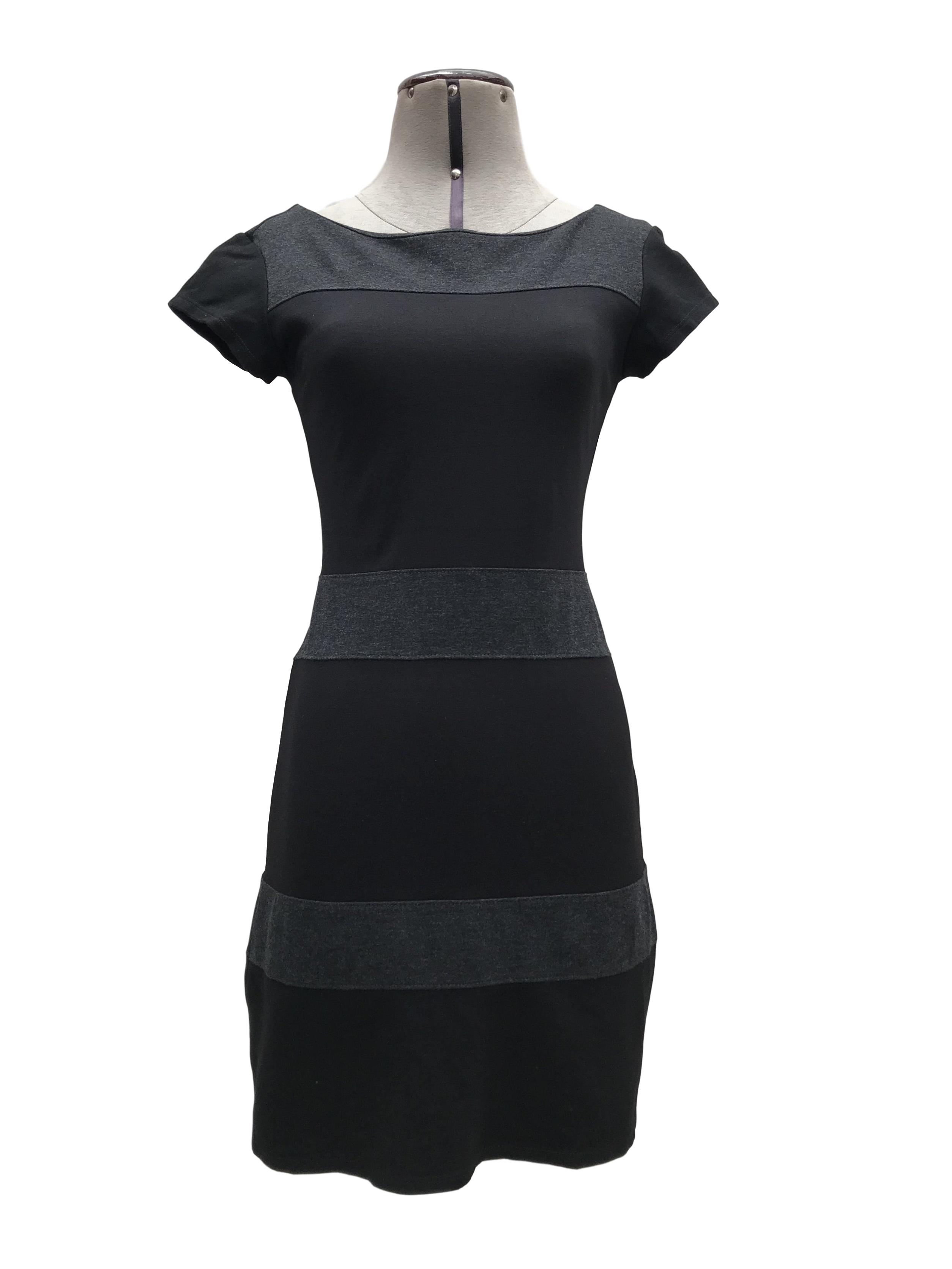 Vestido Basement en franjas horizontales negro y gris, tela gruesa ligeramente stretch. Largo 82cm