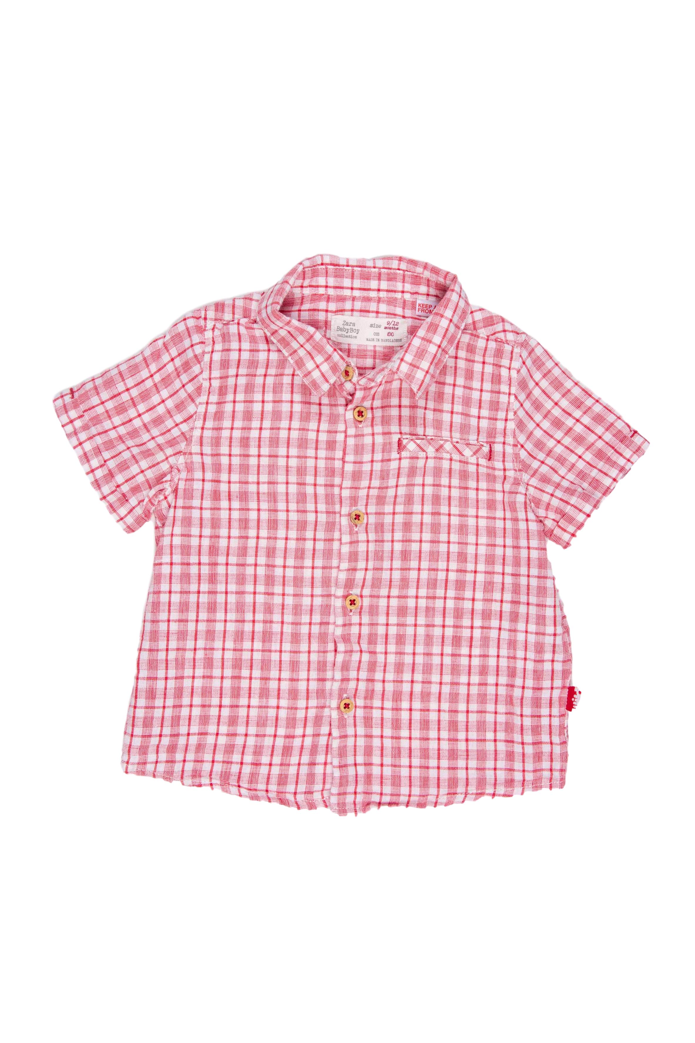 Camisa manga corta cuadros rojos 71% algodón 29% lino - Zara
