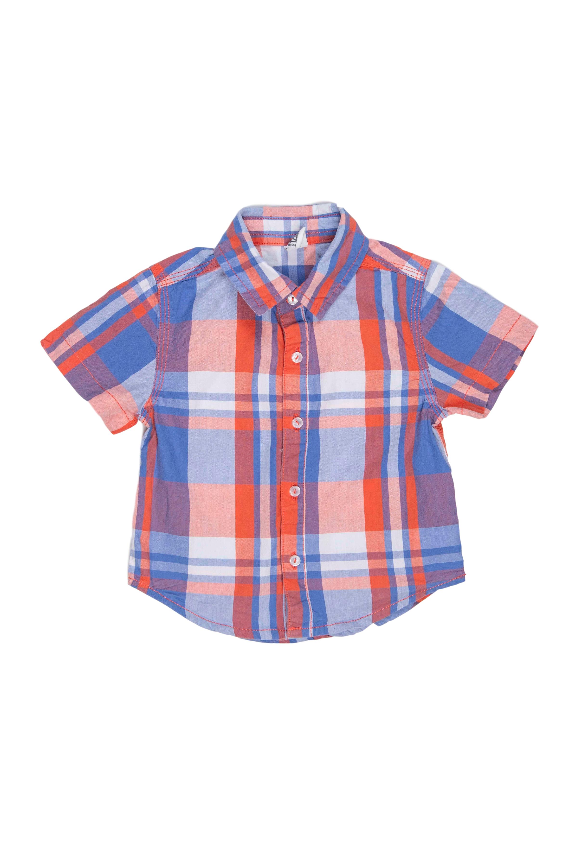 Camisa manga corta cuadros azul y anaranjados, 100% algodón - Yamp