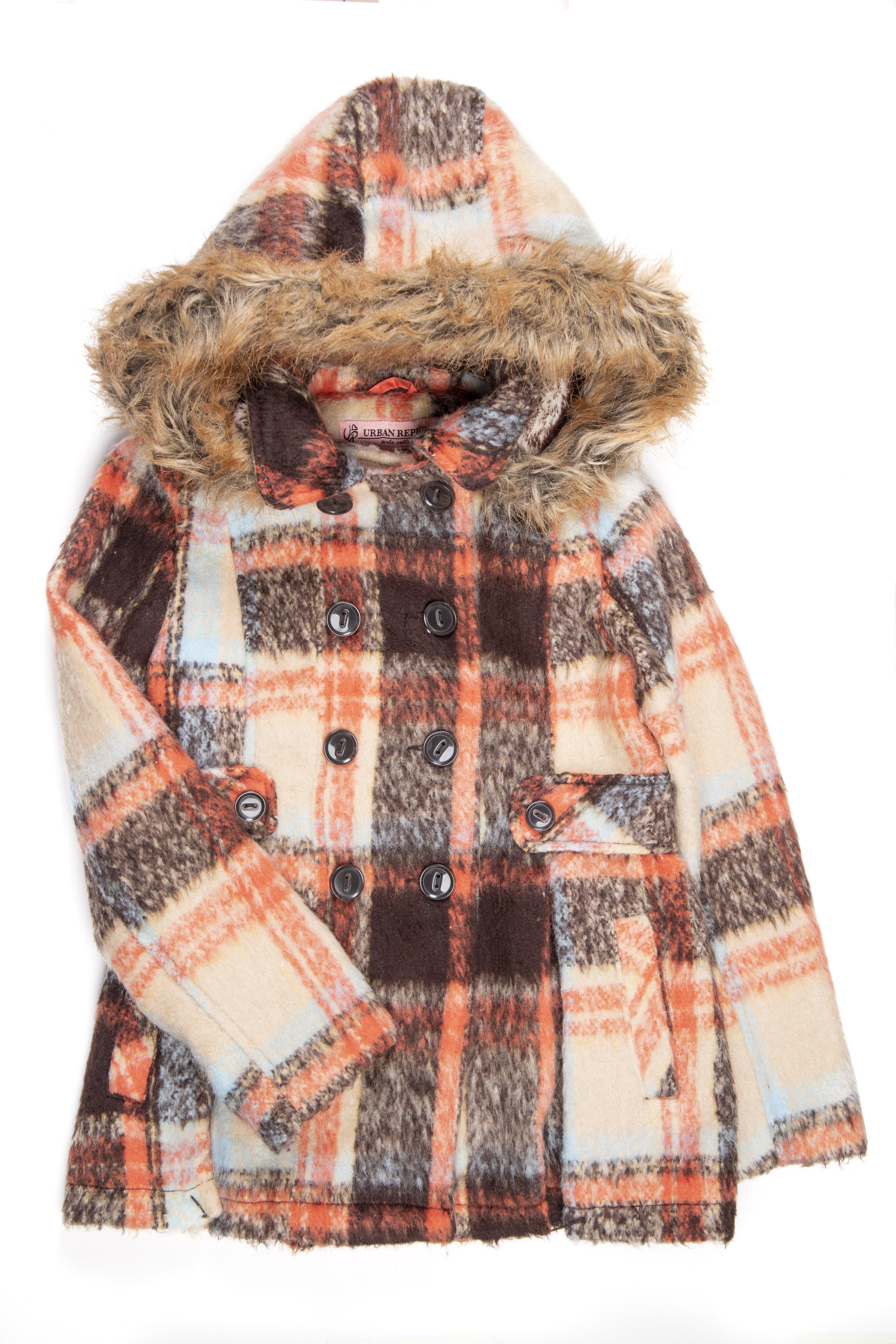 Abrigo escosés de colores con capucha removible de polar por dentro y borde de peluche  - Urban Republic