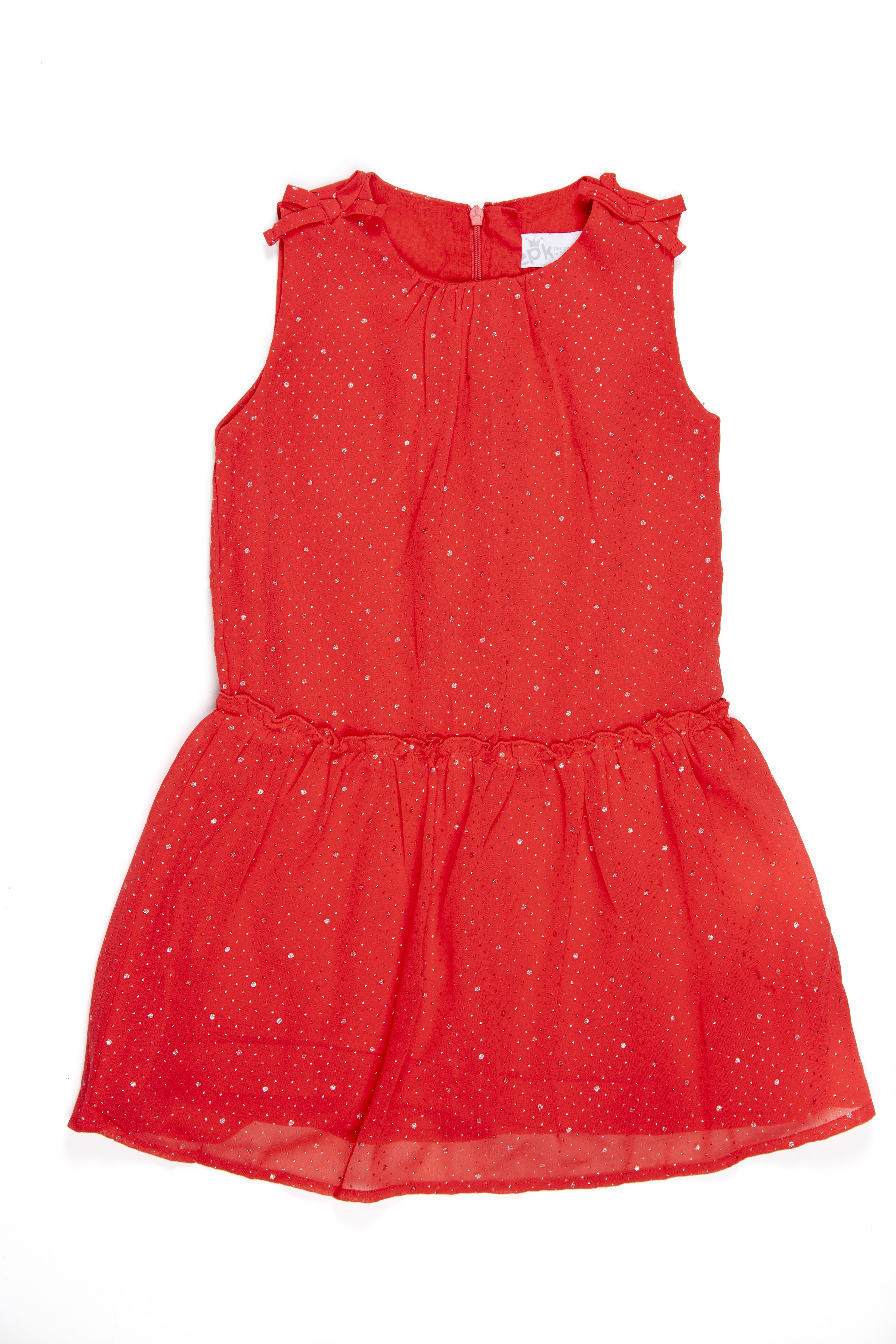 Vestido rojo fresa de gasa con detalles plateados. Forrado en algodón. Lazos en hombros - EPK