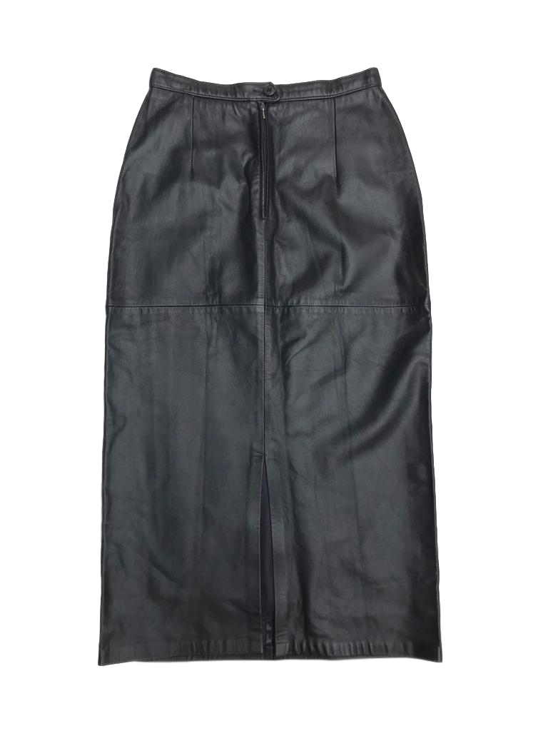 Falda vintage negra de cuero, forrada, a la cintura (70cm) con cierre y botón posterior. Largo 84cm ¡Demasiado cool! 