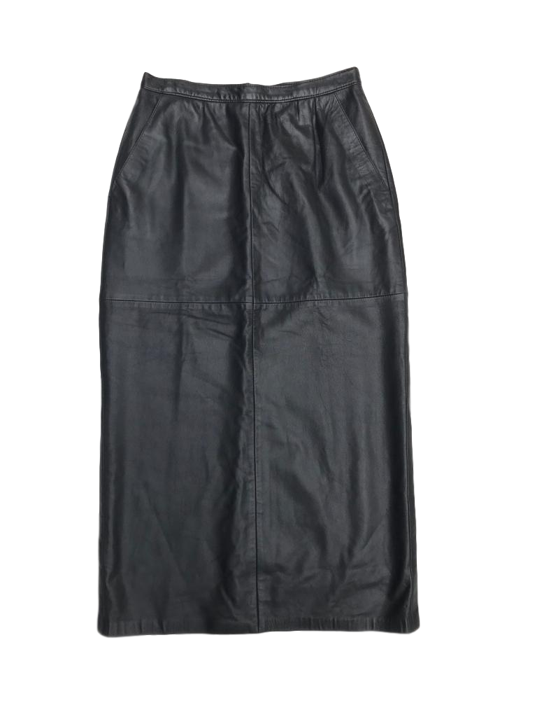 Falda vintage negra de cuero, forrada, a la cintura (70cm) con cierre y botón posterior. Largo 84cm ¡Demasiado cool! 
