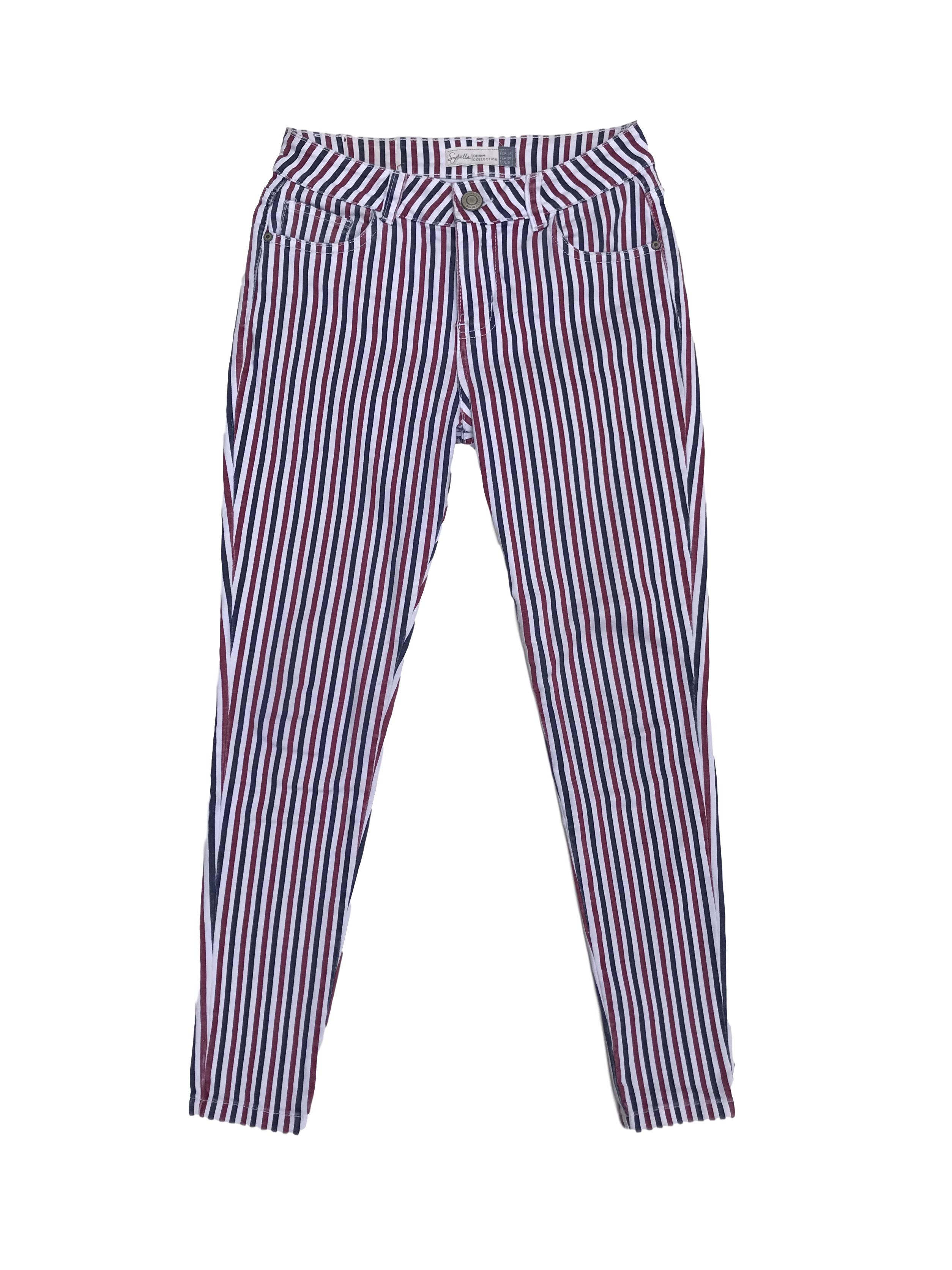 Pantalón Sybilla jean rayas blancas, rojas y azules, 98% algodón, five pockets, pitillo | Las Traperas
