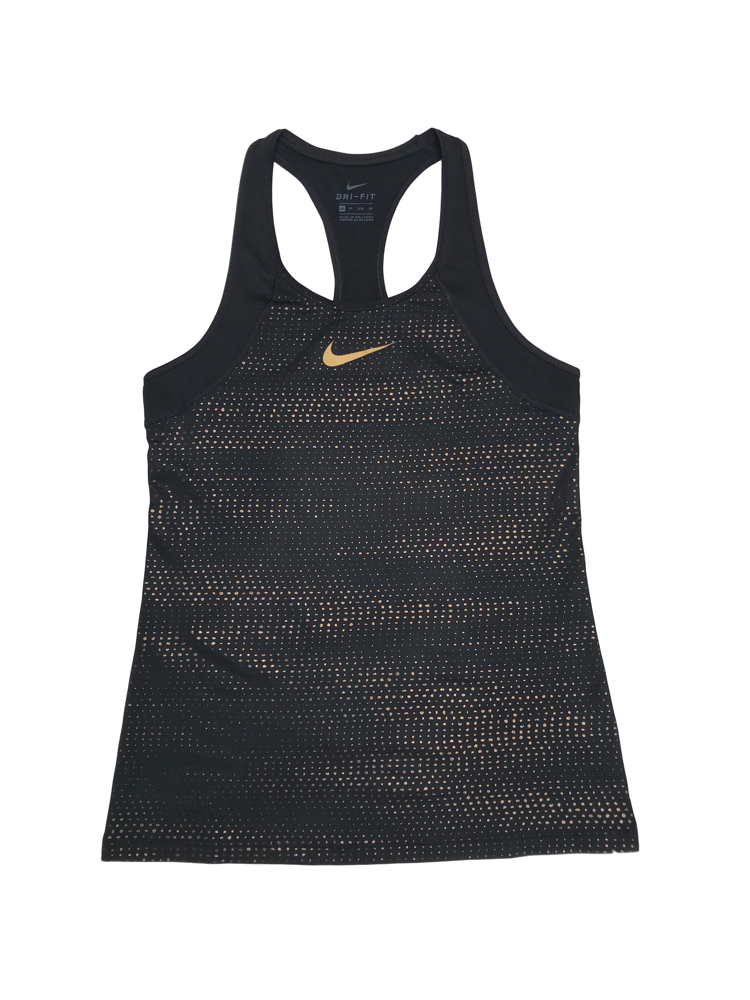 Top deportivo Nike, espalda olímpica, negro con detalles dorados