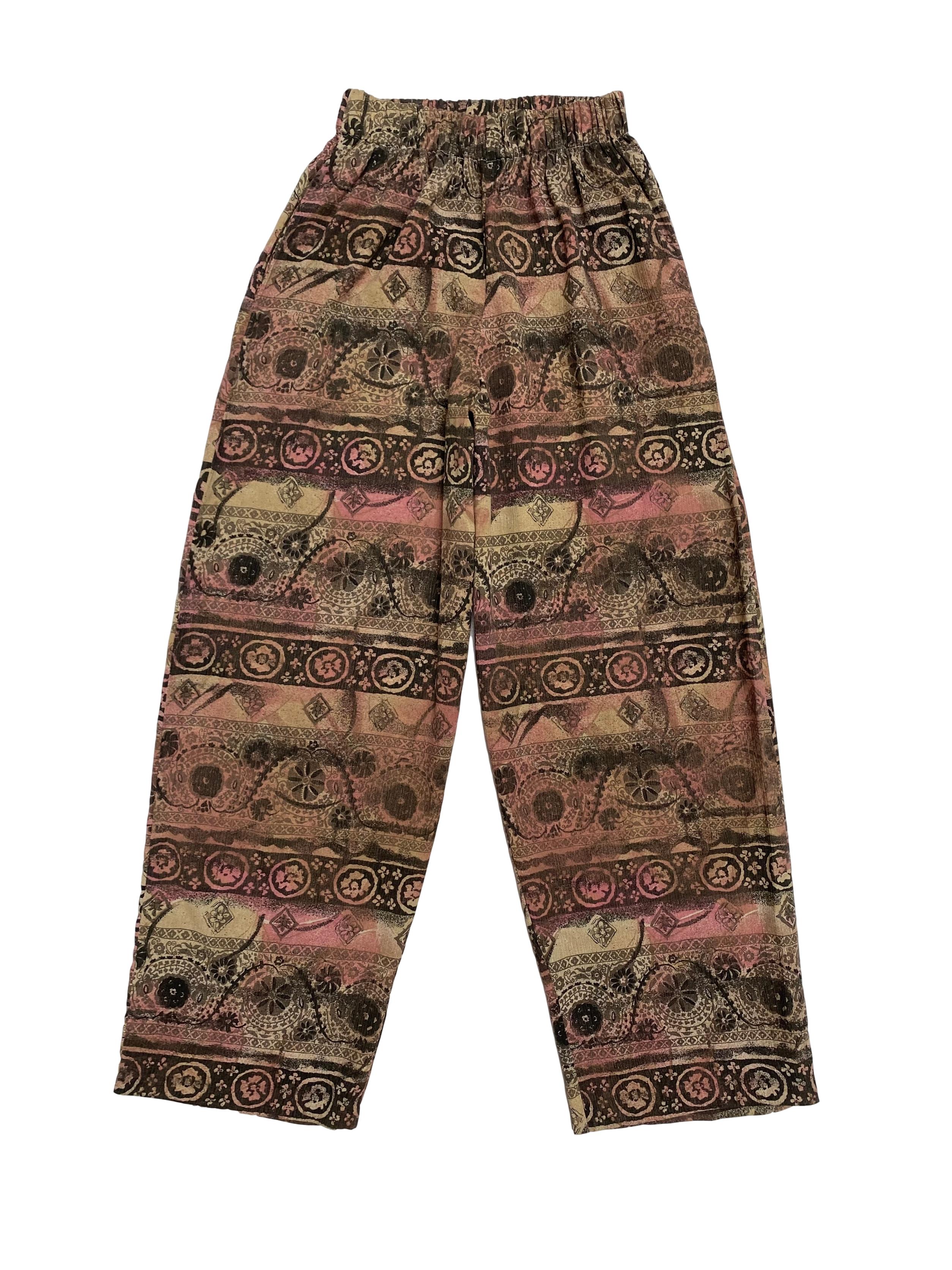 Pantalón vintage tipo hindú con elástico en la cintura y bolsillos laterales, corte recto super fresco. Cintura 62cm (sin estirar)