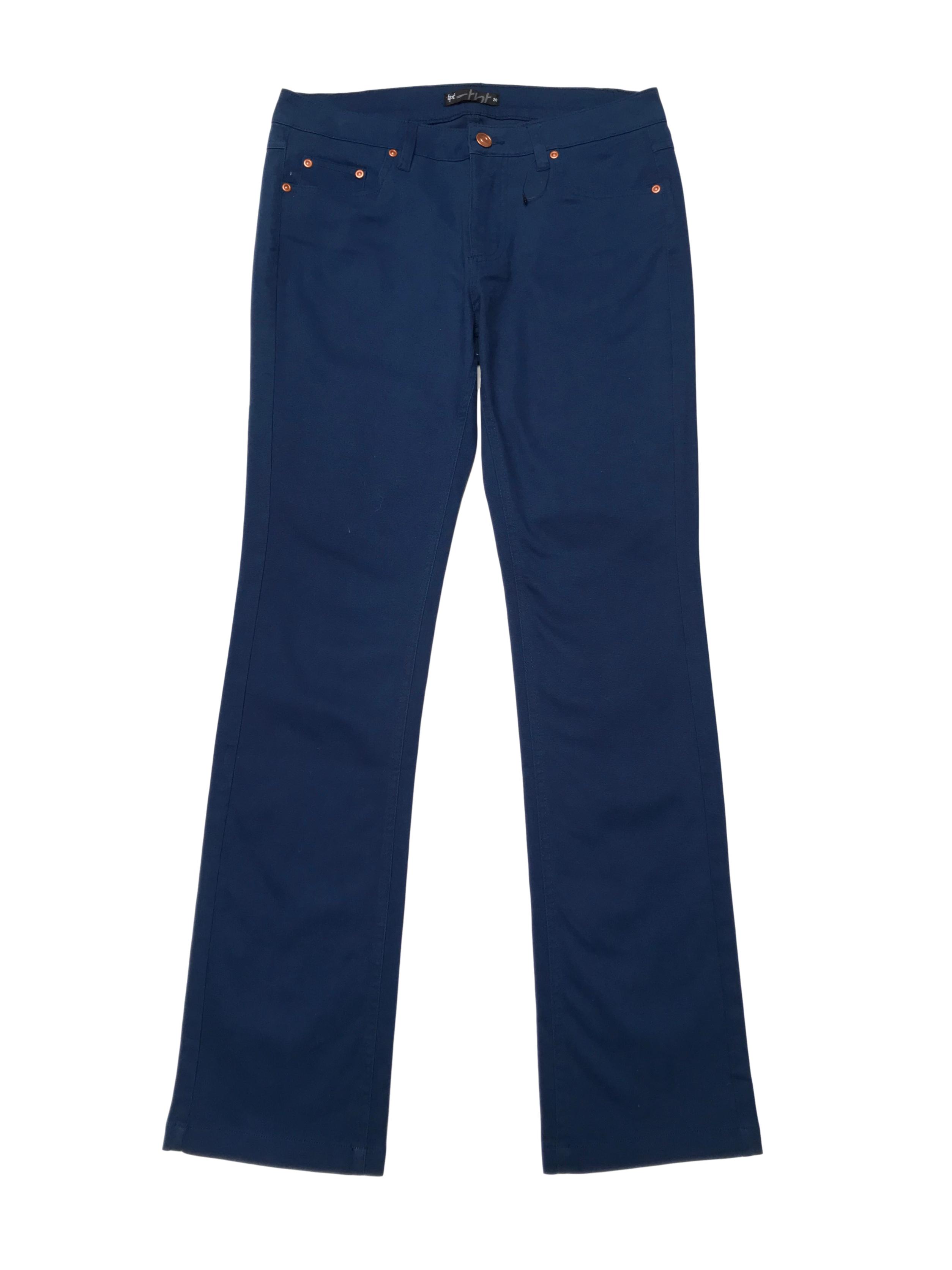 Pantalón azul con botones tono cobre, corte recto, tiro medio pretina 76cm. Nuevo.