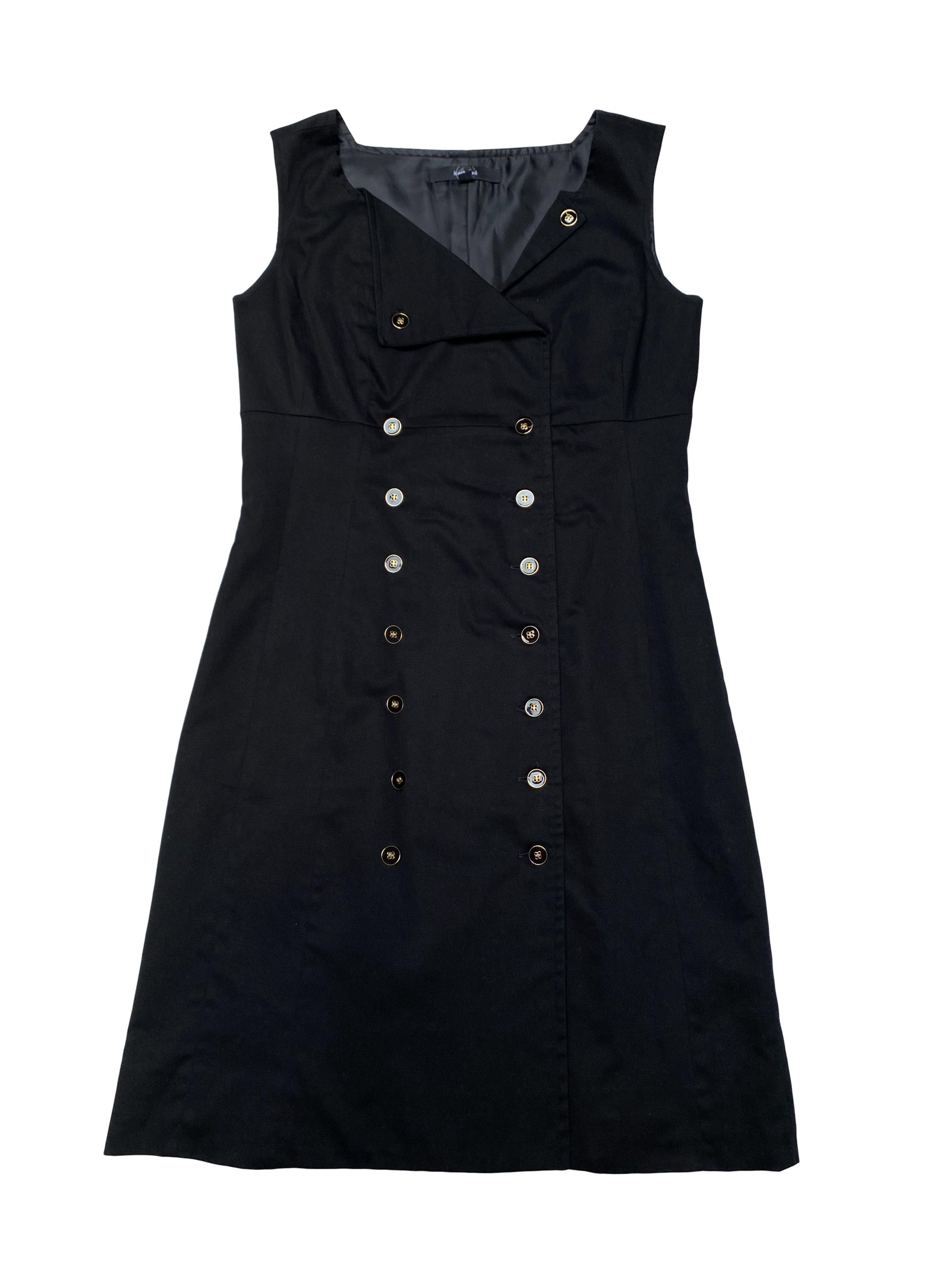 Vestido Cacharel negro tipo drill 98% algodón,  forrado, cruzado con doble fila de botones. Largo 90cm. Precio original S/ 190