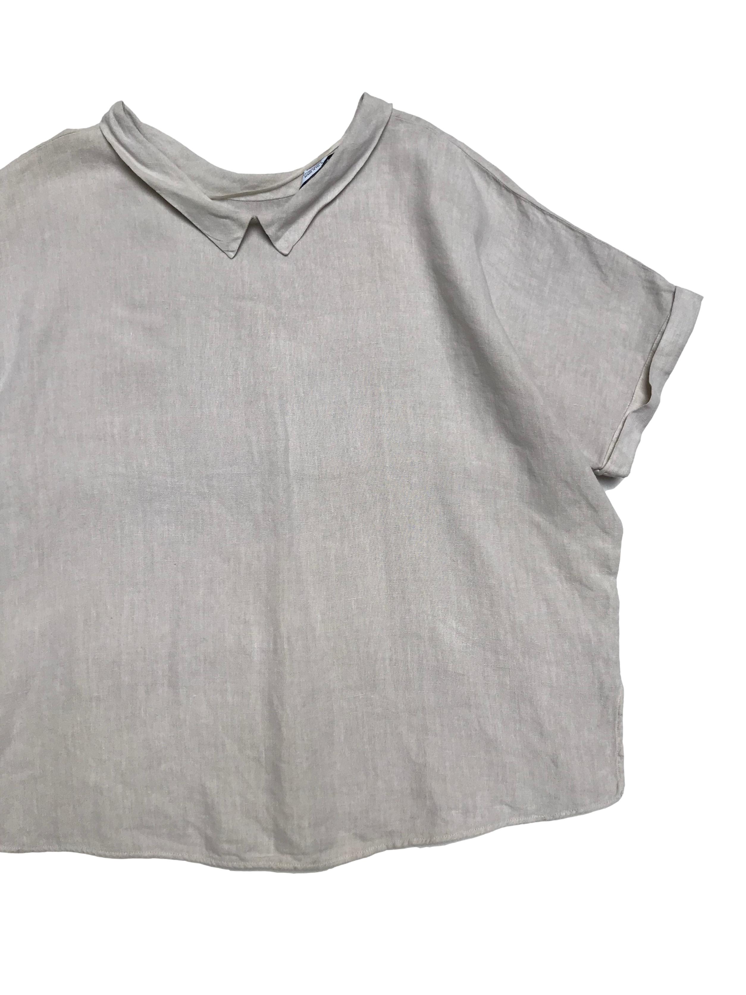 Blusa Zara oversize 100% lino crema con dobladillo en manga y cuello