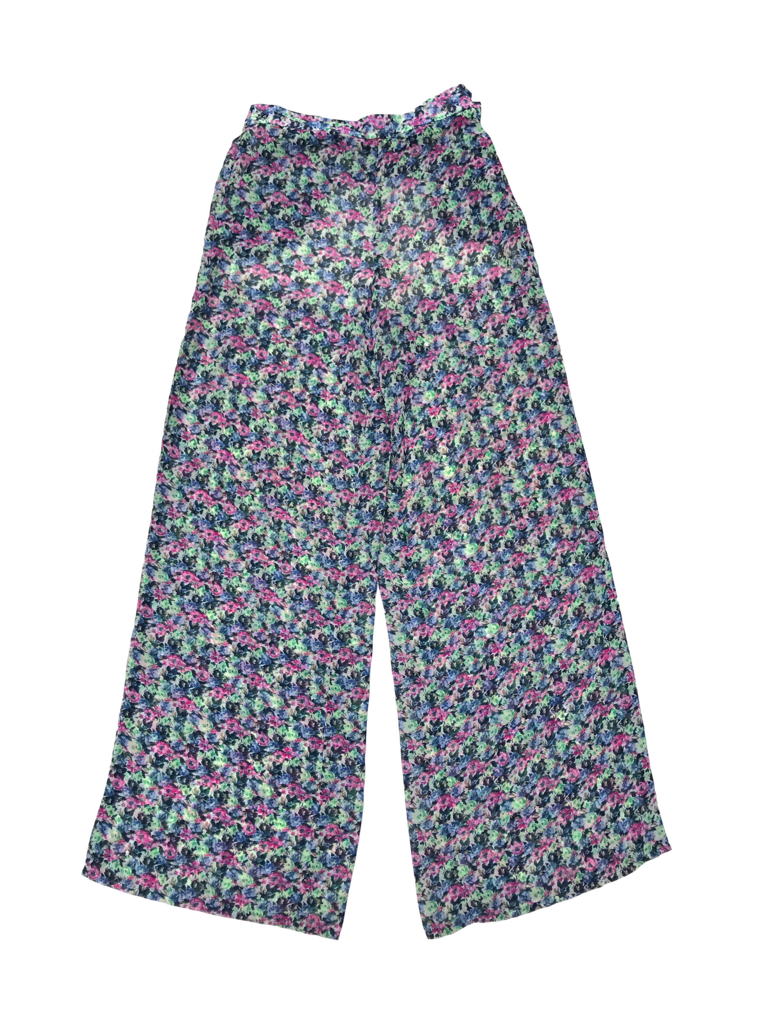 Pantalón de gasa floreada y forro short de mesh, pierna ancha estilo palazzo, con bolsillos, cierre y botón laterales. Cintura 72cm