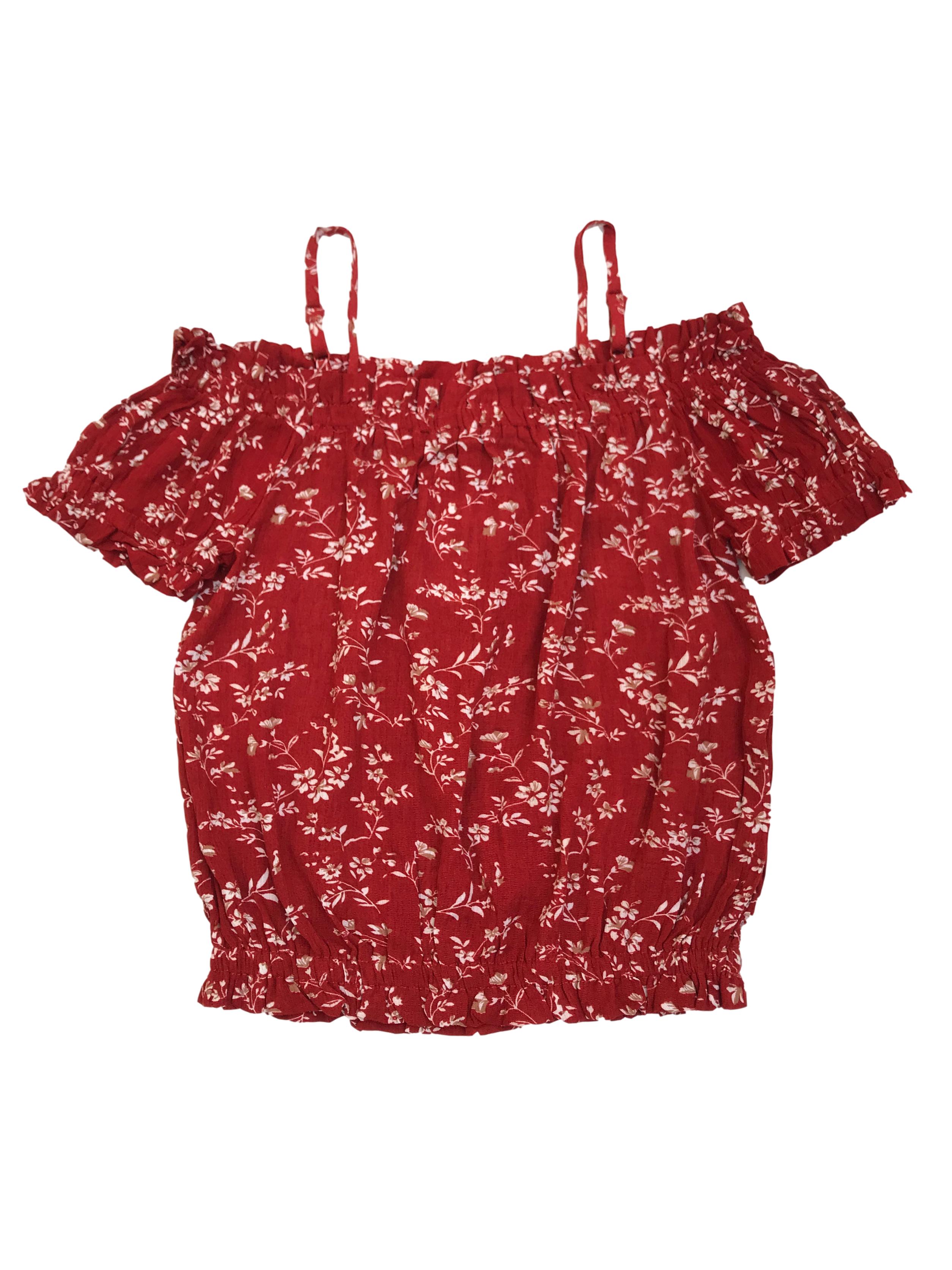 Blusa corta Papermoon de rayón ladrillo con print de flores, off shoulder con tiras en los hombros y elástico en mangas y basta. Nueva