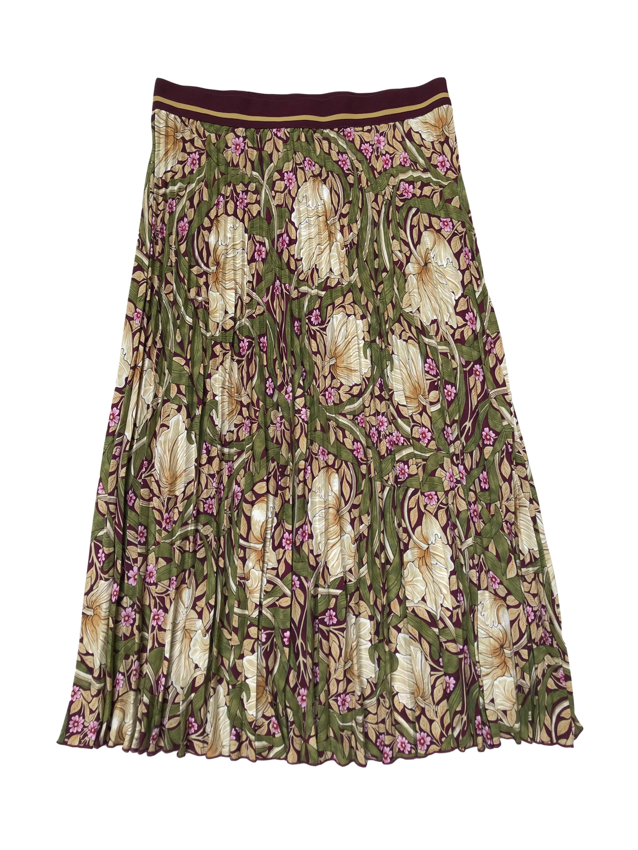 Falda midi plisada Morris&co x H&M, tela fluida delgada guinda con estampado de flores, pretina elástica. Cintura 75cm sin estirar Largo 80cm
