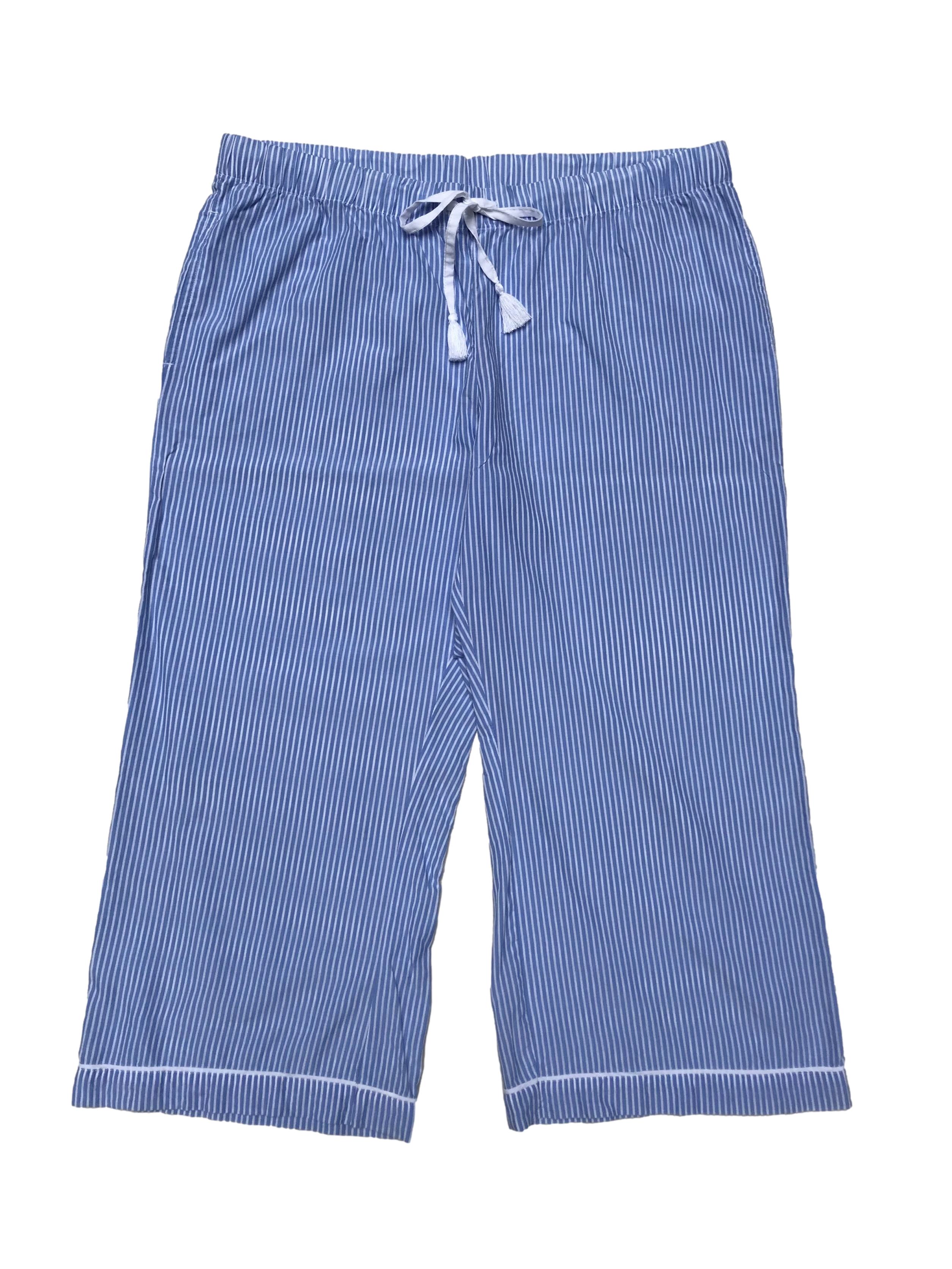 Pantalón sleepwear Gillian & Omalley celeste a rayas, 100% tencel, pretina elástica y pasador para regular, tiene bolsillos laterales ydobladillo en la basta. Pretina 98cm Largo 90cm