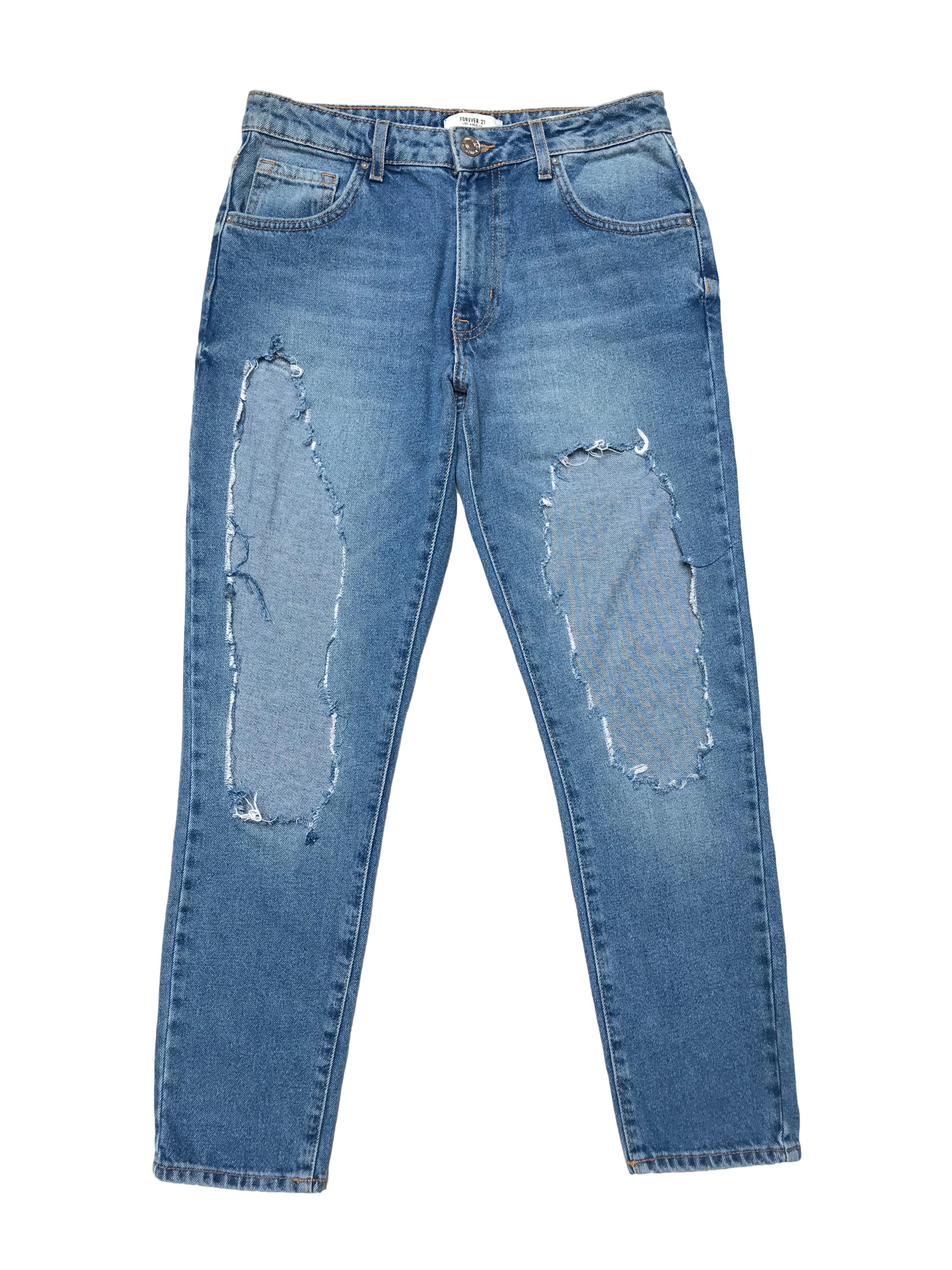 Destroyed jeans Forever21 denim rígido 1005 algodón, corte boyfriend. Pretina 74cm Largo 91cm