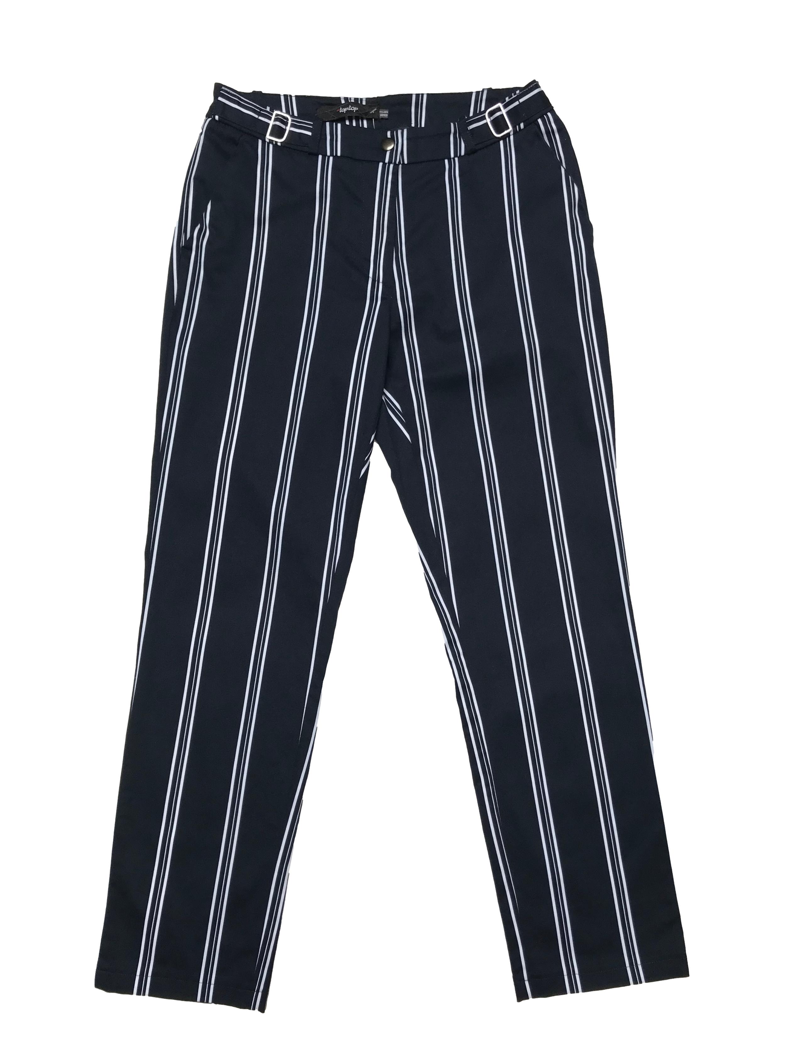Pantalón azul con franjas blancas 98% algodón ligeramente stretch. Cintura 72cm Largo 90cm 