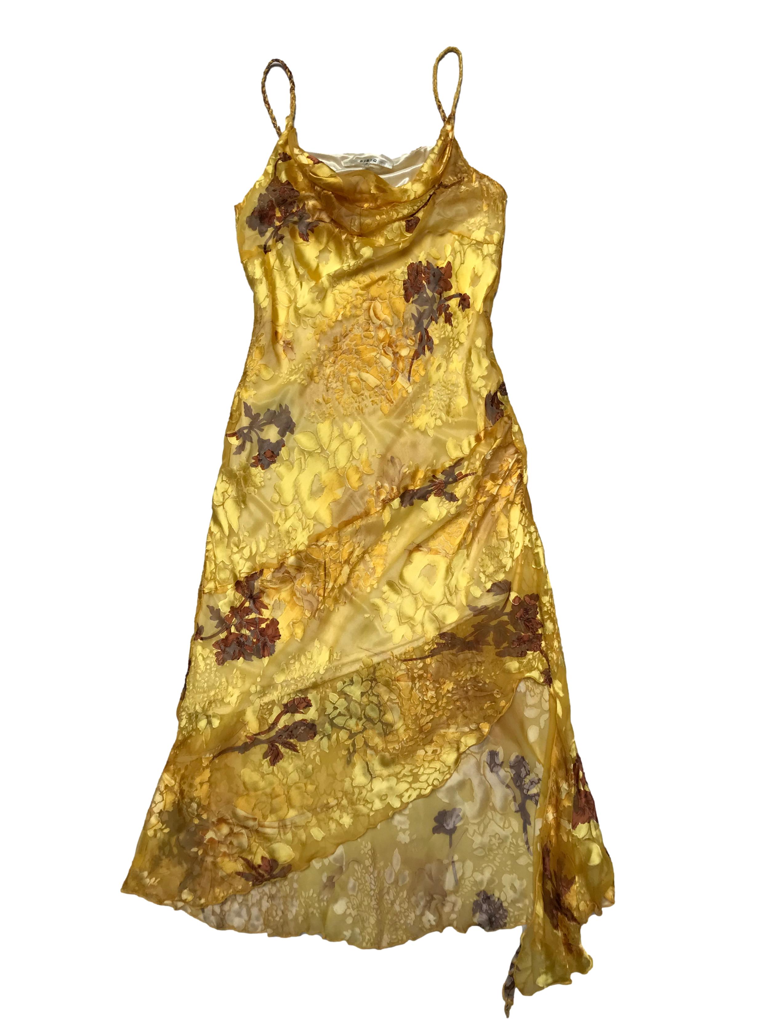 Vestido Bibiq de gasa amarilla con texturas en relieve y estampado floral, basta asimétrica. Largo desde sisa 65 - 95cm
