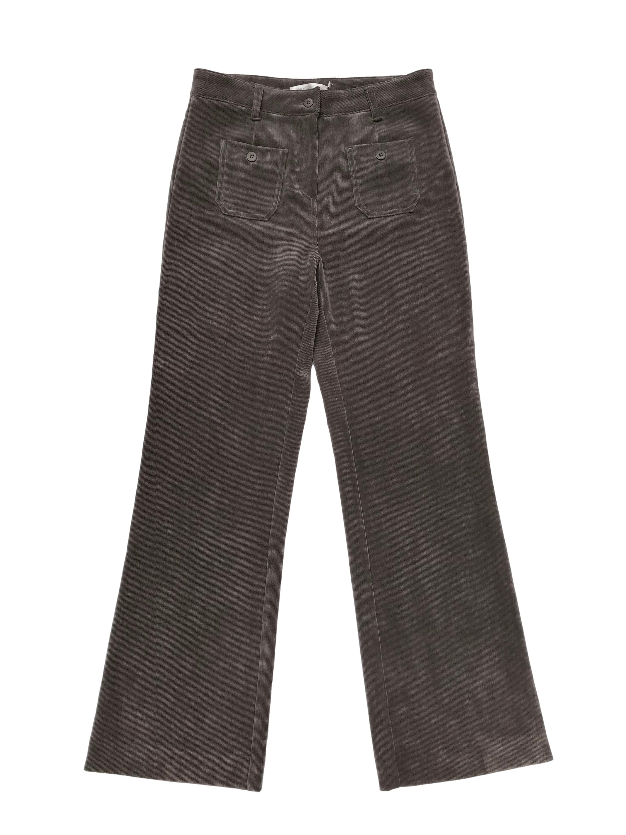 Pantalón Michelle Belau de corduroy en tono cemento efecto tornasol, basta semicampana. Cintura 75cm Largo 105cm