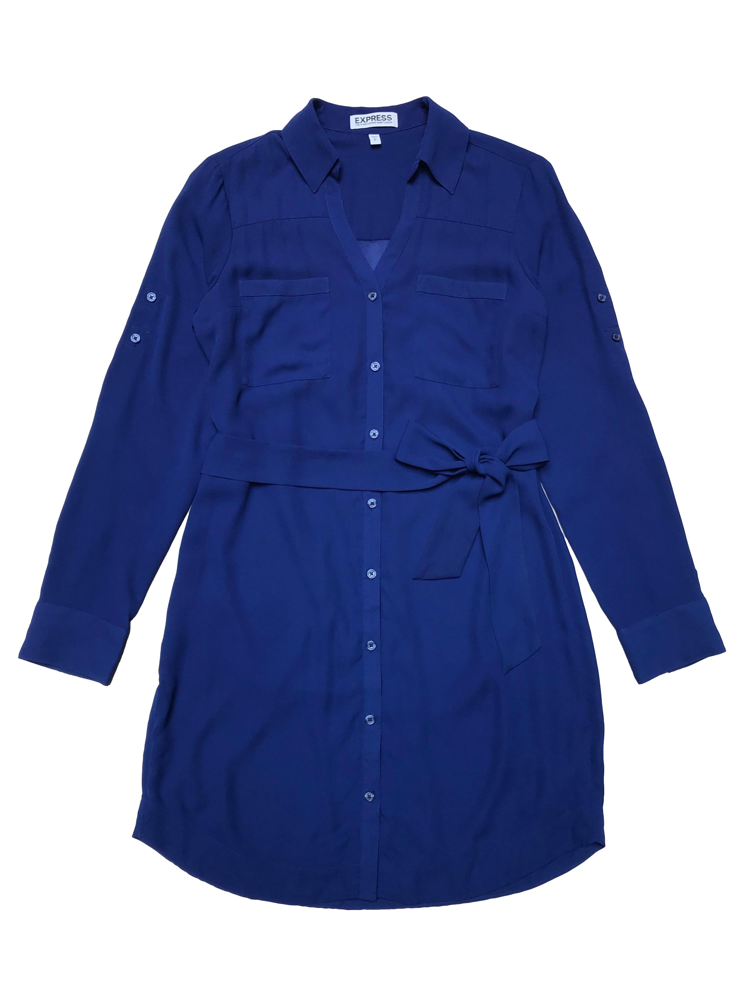 vestido - Vestido camisero Express de gasa azul, forrado, bolsillos en el pecho, cinto para regular y mangas largas regulables con botón. Ancho 96cm Largo 85cm.   - Talla S  - Express