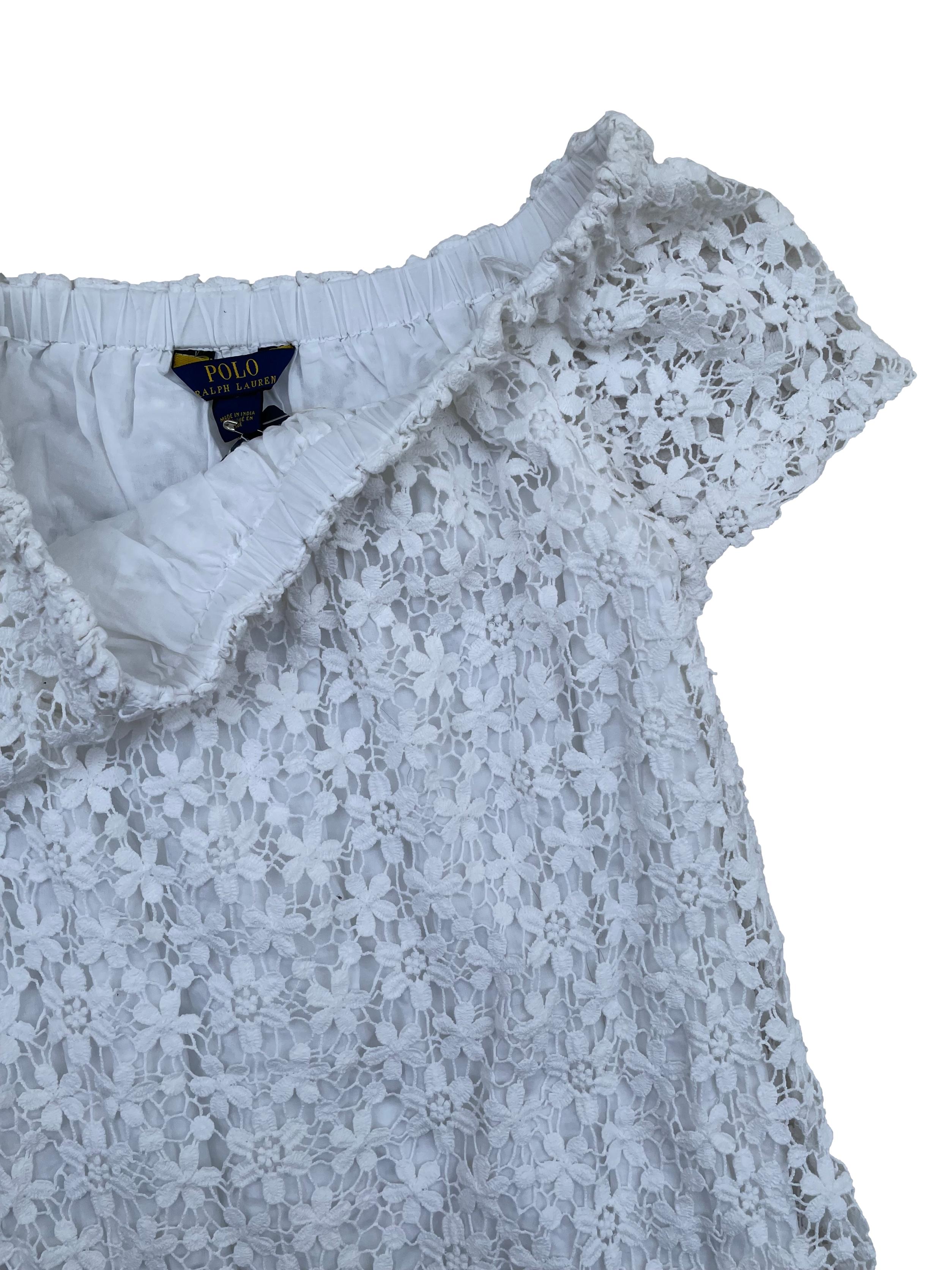 Vestido Polo Ralph Lauren off shoulder de encaje blanco 100% algodón, forrado. Busto 95cm Largo 82cm. Nuevo con etiqueta.