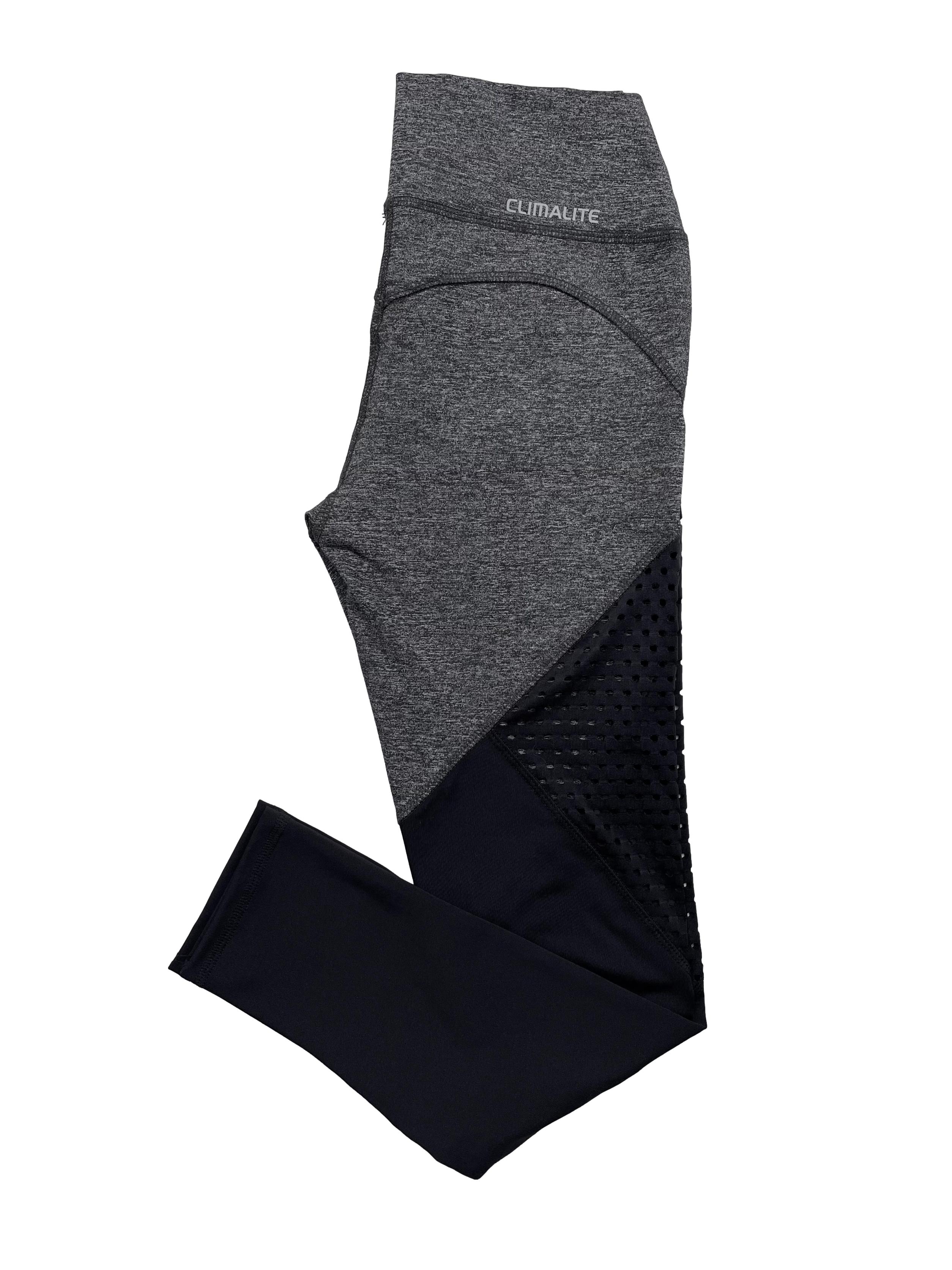 Leggings Adidas Climacool, color gris jaspeado, tiro alto con paneles de malla en la parte inferior de la pierna. Cintura 62cm-sin estirar, Largo 88cm.