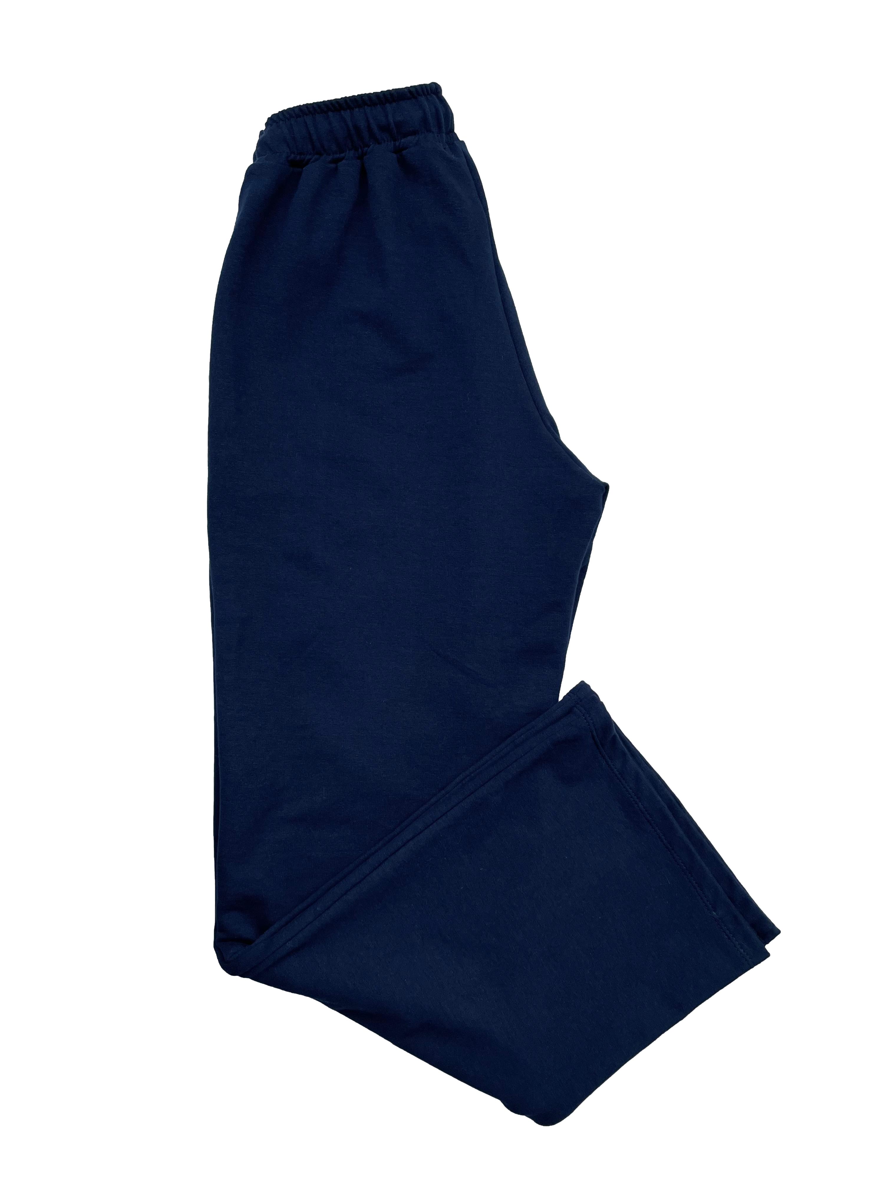Pantalón recto de franela azul marino, pretina elástica con cordones y bolsillos frontales. Cintura 66cm sin estirar, Largo 96cm.